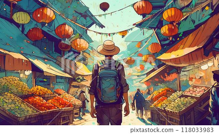 步行穿過亞洲當地市場的男性旅行者 118033983