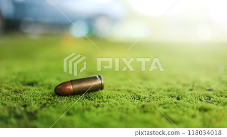 Spent bullet casing lying on the green ground with blur background. Concepts of criminal investigation and shooting sports 118034018