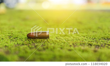 Spent bullet casing lying on the green ground with blur background. Concepts of criminal investigation and shooting sports 118034020