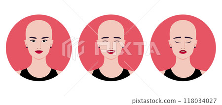 Set of avatars of beautiful bald young woman. Smiling, crying and laughing bald girl. Vector illustration Set of avatars of beautiful bald young woman. Smiling, crying and laughing bald girl. Vector illustration 118034027