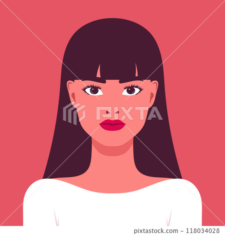 Beautiful young woman with bangs hair portrait. Portrait or an avatar of a girl with long hair. Vector illustration 118034028