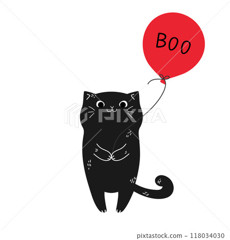 Cute hand drawn black cat with a balloon decorated with phrase Boo. Halloween greetings. Vector illustration 118034030