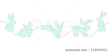 Garland with cute hand drawn rabbits decorated with white ornament and floral arrangement. Boho style. Vector illustration 118034031
