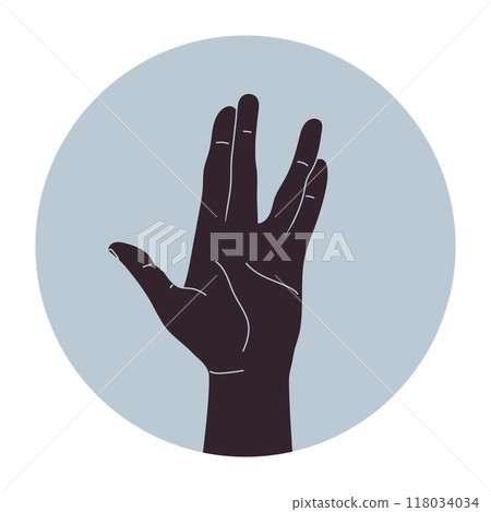 Human hand making Vulcan salute gesture. Live long and prosper hand sign. Vector illustration Human hand making Vulcan salute gesture. Live long and prosper hand sign. Vector illustration 118034034