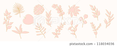 Collection of hand drawn plant outline icons. Branches, leaves and botanical elements isolated on white background. Vector illustration 118034036