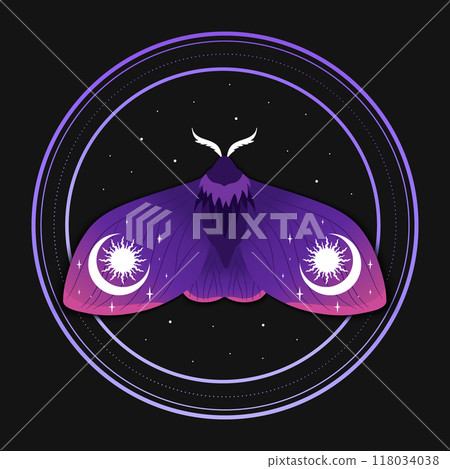Celestial background with a purple moth. Butterfly decorated with sun and crescent elements. Vector illustration 118034038