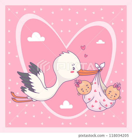 Cute flying stork and two twin newborns girl. Vector illustration. Cool square birthday, Baby shower card. Funny Cartoon bird kawaii and arrival infants. Kids collection . 118034205