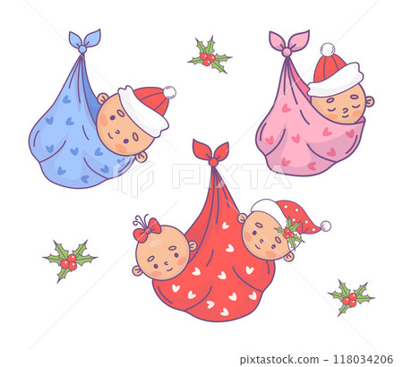 Christmas newborn. Cute festive babies twin, girl and boy in Santa hat in bag bundle. Isolated funny cartoon kawaii holiday infant character. Vector illustration. Kids collection. 118034206