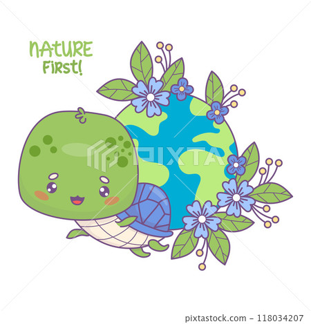 Cute turtle with green planet Earth and flowers. Funny cartoon kawaii character. Concept ecology, conservation and protection for nature and animals, ecological lifestyle. Vector illustration. 118034207