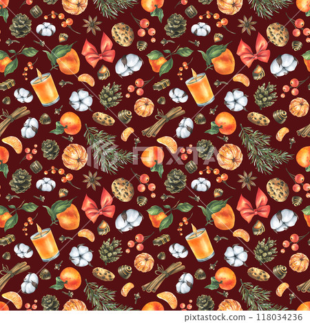 Orange whole and peeled tangerines with candles, pine branch and cone, cotton, spice leaves, cookies and chocolates. Watercolor illustration, hand drawn. Seamless pattern on a burgundy background. Orange whole and peeled tangerines with candles, pine branch and cone, cotton, spice leaves, cookies and chocolates. Watercolor illustration, hand drawn. Seamless pattern on a burgundy background. 118034236