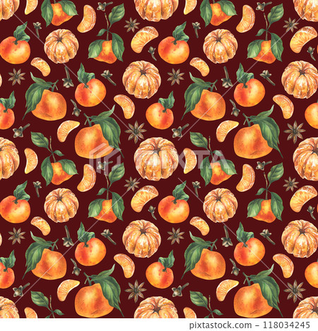 Tangerines with whole leaves and slices with spices, star anise and cloves. Watercolor illustration, hand drawn. Winter, Christmas seamless pattern on a burgundy background. Tangerines with whole leaves and slices with spices, star anise and cloves. Watercolor illustration, hand drawn. Winter, Christmas seamless pattern on a burgundy background. 118034245