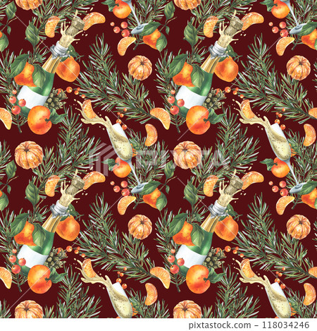 Tangerines with pine branches and cones, champagne in bottles and glasses. Hand drawn watercolor illustration for christmas fabric, textile, wrapping paper. Seamless pattern on a burgundy background. Tangerines with pine branches and cones, champagne in bottles and glasses. Hand drawn watercolor illustration for christmas fabric, textile, wrapping paper. Seamless pattern on a burgundy background. 118034246