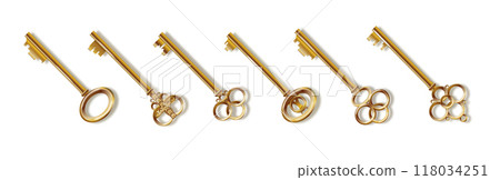 Key 3d realistic golden old vintage. Old luxury escape room keys. Vector 118034251