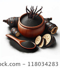 A wooden bowl filled with black powder, Black Maca Root Extract. 118034283