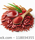 Red Yeast Rice Extract, red rice grains powder in a wooden bowl. 118034355
