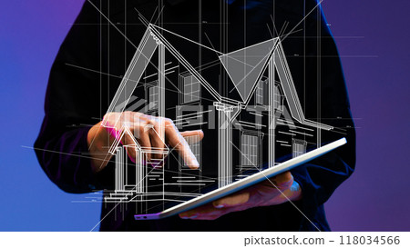 Professional interacting with digital tablet to bring house blueprint to life, symbolizing blend of business and technology in real estate. Contemporary art collage. Professional interacting with digital tablet to bring house blueprint to life, symbolizing blend of business and technology in real estate. Contemporary art collage. 118034566