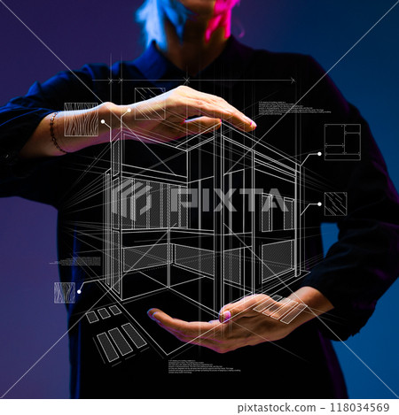 Hands holding holographic architectural blueprint, symbolizing real estate and business success, careful planning and innovative design. Contemporary art collage. 118034569