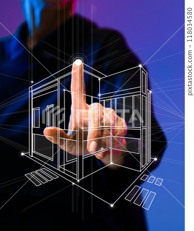 Fingertip connects with 3D house design, symbolizing touch of innovation in real estate business, technology and architectural planning. Contemporary art collage. Fingertip connects with 3D house design, symbolizing touch of innovation in real estate business, technology and architectural planning. Contemporary art collage. 118034580