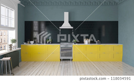 Modern kitchen with yellow cabinets and black backsplash. Modern kitchen with yellow cabinets and black backsplash. 118034591
