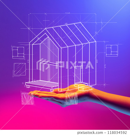 Hand with blueprint of modern house, symbolizing potential of real estate development and the power of architectural vision. Contemporary art collage. 118034592