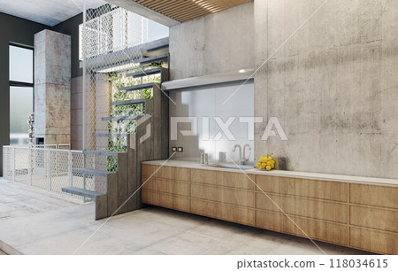 Minimalist kitchen with industrial design 118034615