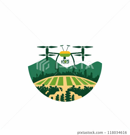 Drone flying over vast field, with mountains and trees in the background, symbolizing use of technology in agriculture and surveying. 118034616