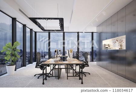 Modern office with panoramic city views 118034617
