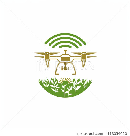 Drone flying above field of crops, with signal emanating from it, symbolizing use of technology in agriculture. Minimalistic illustration 118034620