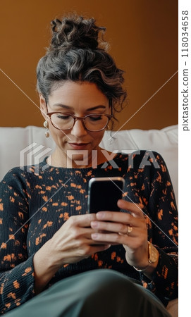 Woman sitting and using mobile phone. Social media, online work, gadgets. 118034658