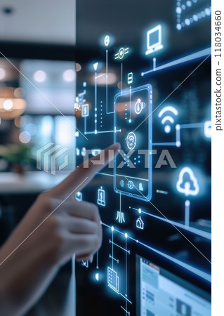 Hand interacting with a digital interface displaying connected devices, symbolizing smart home. Smart technology concept 118034660