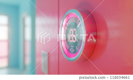 Digital thermostat with a bright display on a colorful wall, representing modern climate control. 118034661