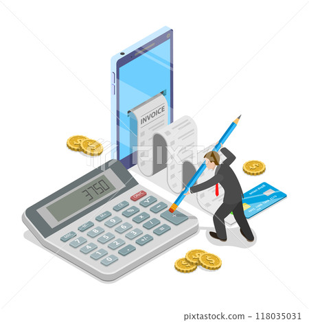 3D Isometric Flat Illustration of Tax Calcualtion Report. Item 3 3D Isometric Flat Illustration of Tax Calcualtion Report. Item 3 118035031