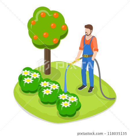 3D Isometric Flat  Set of Garden Tools And People. Item 5 118035135