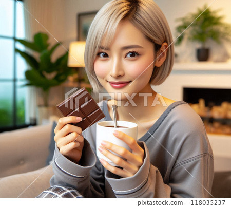 享受自製巧克力的女人 享受自製巧克力的女人 118035237