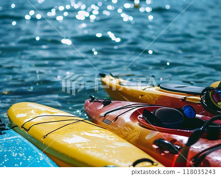Four Colorful Kayaks Floating on Sparkling Water Under Bright Sunlight Four Colorful Kayaks Floating on Sparkling Water Under Bright Sunlight 118035243