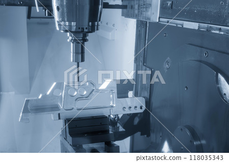 The 5-axis machining center cutting aerospace parts with solid ball end mill tool in the light blue scene. 118035343