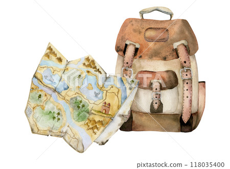 Tourist accessories, vintage leather backpack rucksack bag, navigation folded map. Watercolor hand drawn retro illustration. Design for tourism, travel, brochure, wedding, guide, print, card tattoo. 118035400