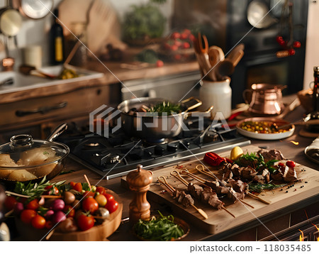 Busy, Well-Equipped Kitchen with Various Foods and Cooking Utensils 118035485