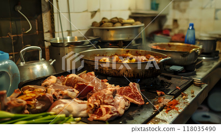 Busy Kitchen Counter with Fresh Meat and Vegetables During Meal Preparation 118035490