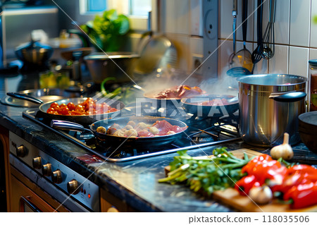 Busy Kitchen Countertop with Multiple Pots and Fresh Ingredients 118035506