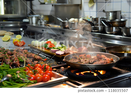 Busy Commercial Kitchen with Grilling Meat and Fresh Ingredients 118035507
