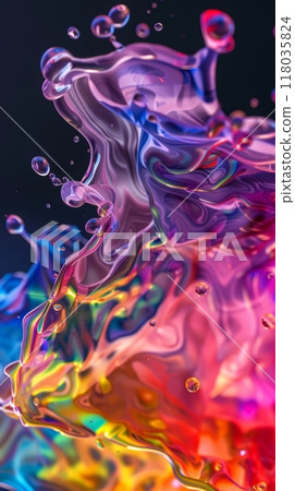 A close-up view of swirling liquids in a kaleidoscope of colors against a dark background, giving off a metallic sheen. 118035824