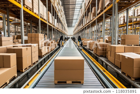 Large automated warehouse with rows of high shelves filled with cardboard boxes, conveyor belt system in foreground, showcasing efficient logistics and distribution 118035891