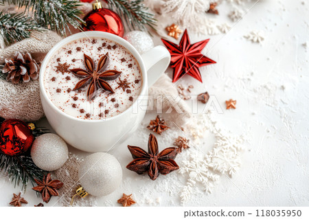 Christmas cacao in white mug with Christmas decorations on light background. Copy space. Ai generative 118035950