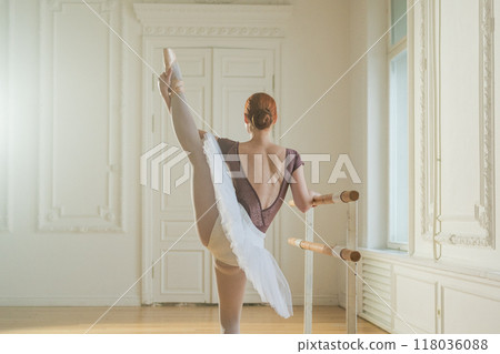 Young ballerina in tutu skirt stretching practicing ballet positions dancing near ballet barre in dance class. Young classical dancer woman in dance studio. Ballet class training Ballet school concept 118036088