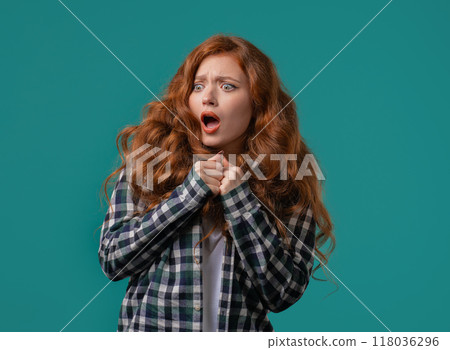 Nervous beautiful woman heard bad news. Young lady feeling sorrow, regret, drama, anxiety, despair. hopelessness 118036296