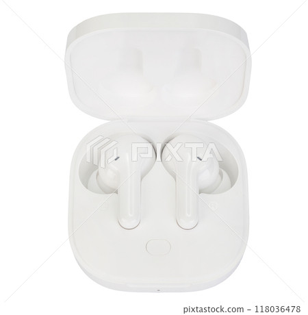 White Wireless Earbuds in Charging Dock White Wireless Earbuds in Charging Dock 118036478