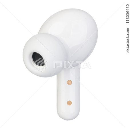 White Wireless Earbud Side View White Wireless Earbud Side View 118036480