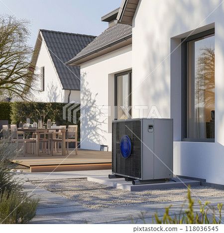 A modern air conditioning unit positioned beside a contemporary home, with a focus on clean design and outdoor surroundings. A modern air conditioning unit positioned beside a contemporary home, with a focus on clean design and outdoor surroundings. 118036545