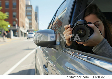 Photographer in a car capturing urban scenes during the day with buildings reflected in the car's side mirror. Photographer in a car capturing urban scenes during the day with buildings reflected in the car's side mirror. 118036553